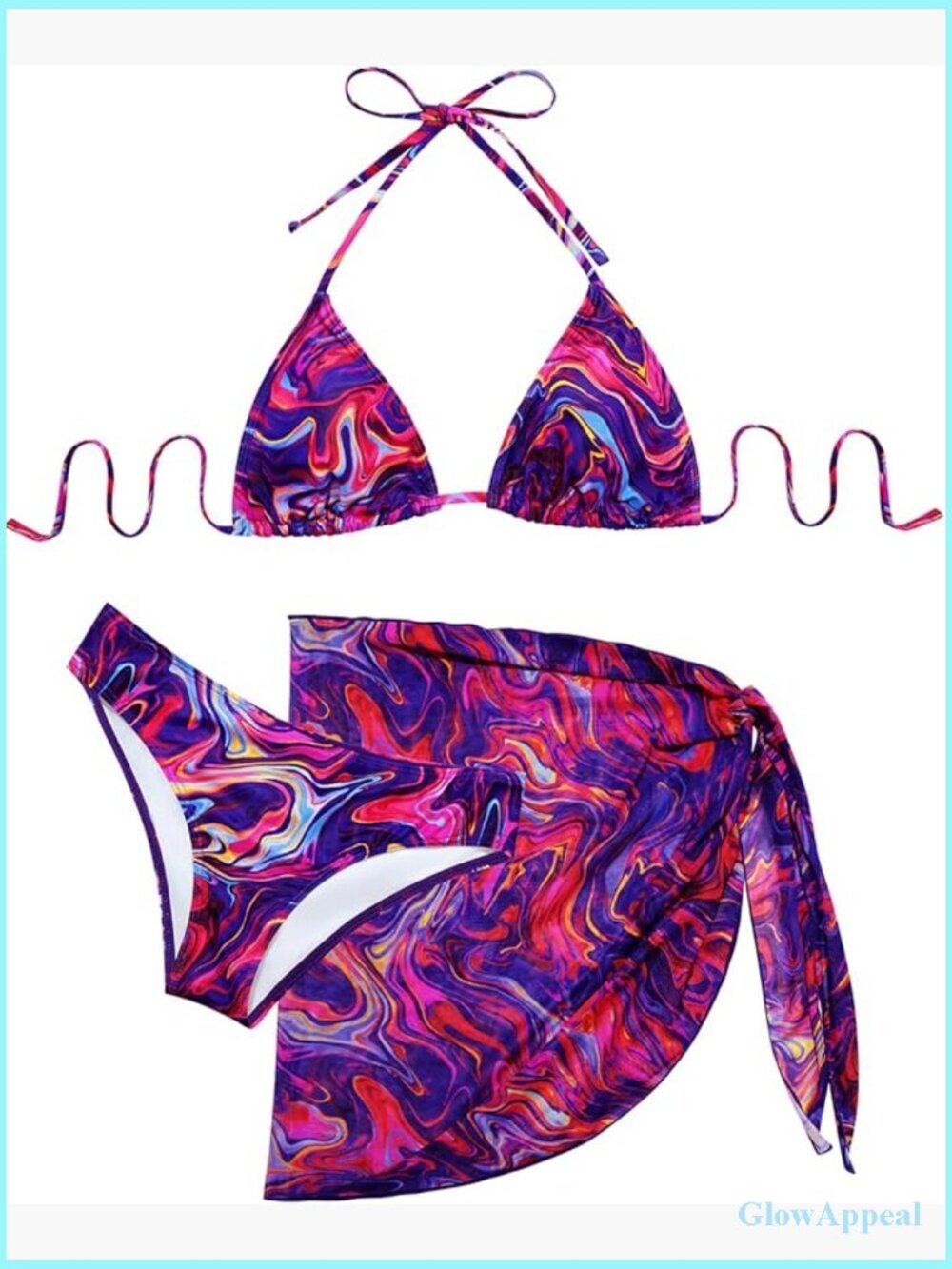 3 Piece Triangle Bikini Set with Mesh Sarong Cover Up